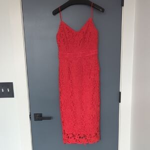 Soprano Red Lace Midi Sheath Dress with Spaghetti Straps